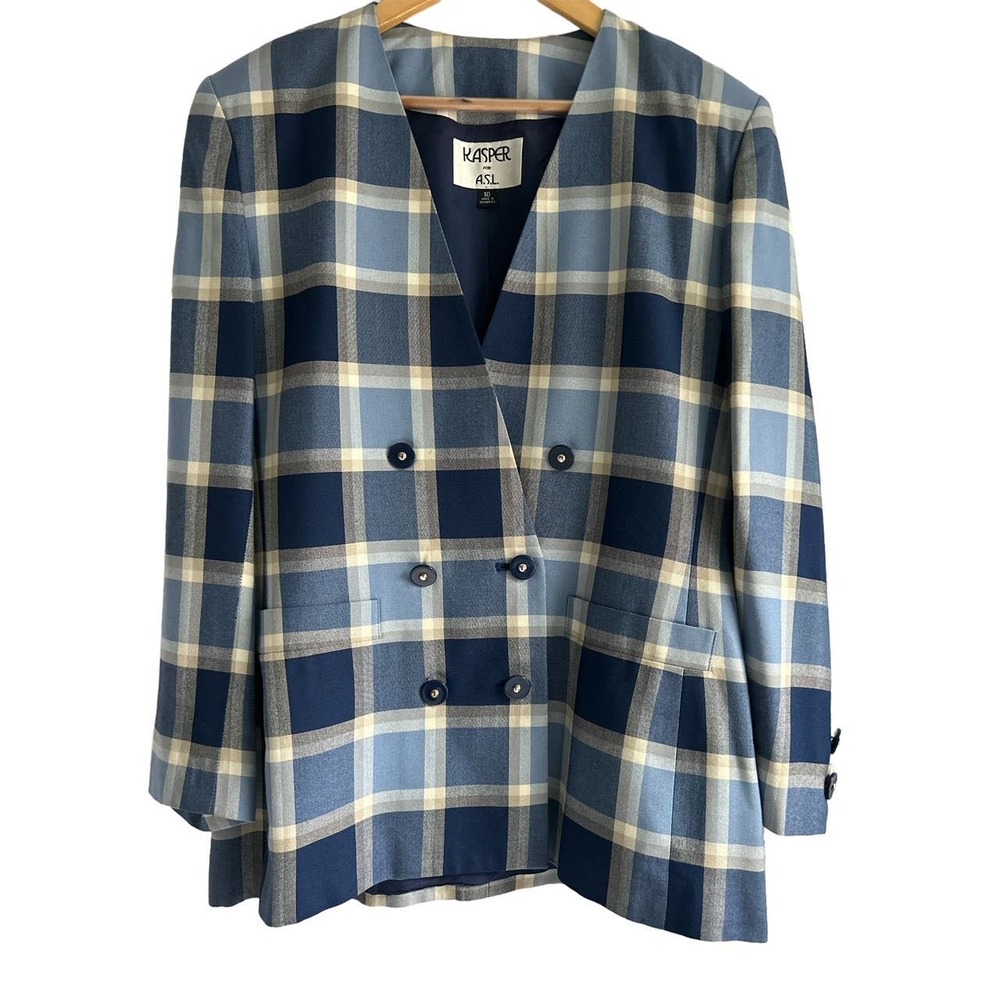 Kasper ASL VTG. Womens Size 10 Double Breasted Plaid Blazer Jacket Blue White
